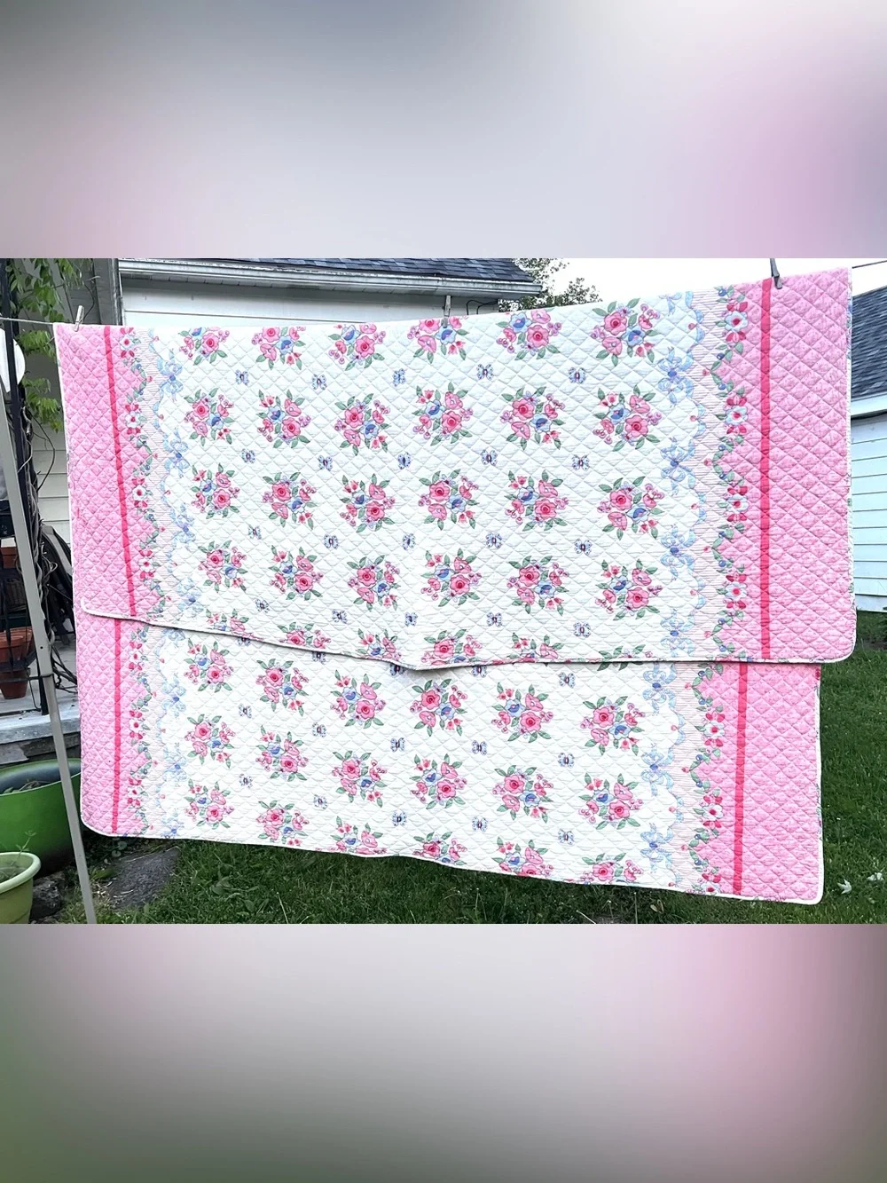 Vintage Quilt Floral Quilted Bedspread Pink White Blue Full / Queen